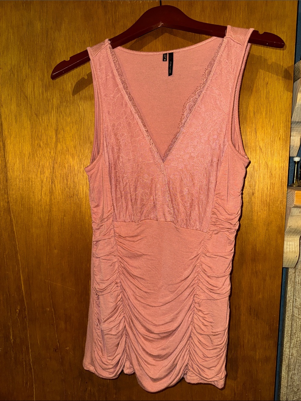 Maurices Dusty Pink Ruched V-Neck Lace Trim Tank Top